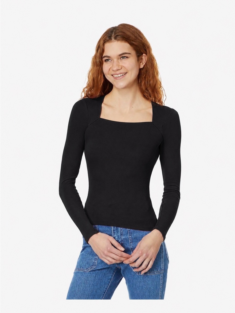 NWT Madewell Ribbed Square Neck Long Sleeve Top Black Small